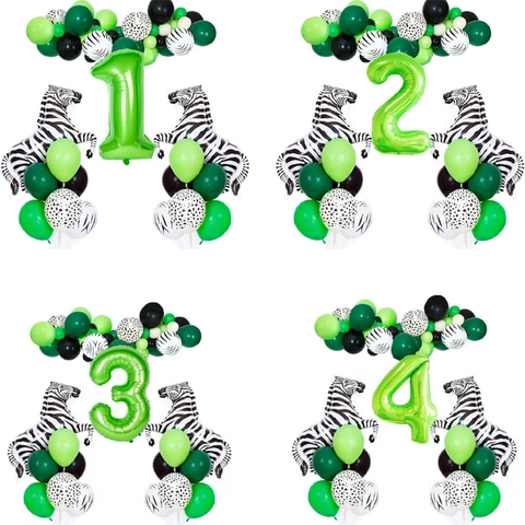 Jungle Animal Theme Balloon Latex Aluminum Foil Zebra Number Design Kids Birthday Party Forest Green Decor