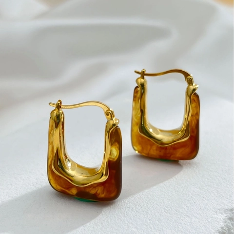 Orecchini A Cerchio A Forma Di U Vintage Ottone Placcato Oro 18K Resina Ambra Minimalista Geometrico Stile Retrò Per Donne