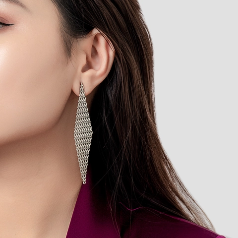 Messing 18 Karat Vergoldete Mesh Rhomben Ohrhänger Gewebte Fransen Schmuck Mit 925 Sterling Silber Ohrstecker