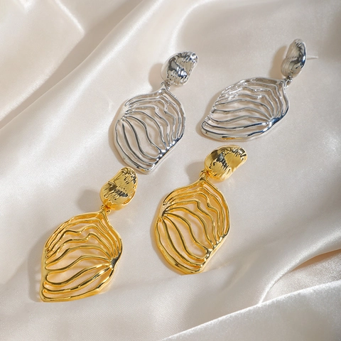 Hohlblatt Wellen Tropfenohrringe Messing Gold Silber Plattiert Künstlerische Skulpturale Statement Schmuck Damen