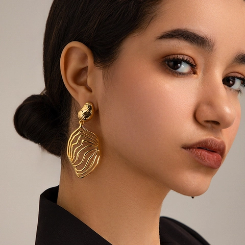 Hohlblatt Wellen Tropfenohrringe Messing Gold Silber Plattiert Künstlerische Skulpturale Statement Schmuck Damen
