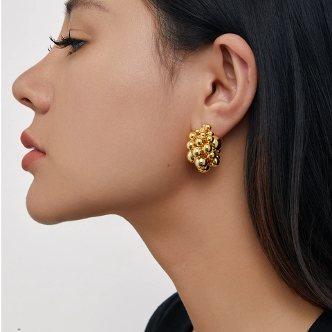 Orecchini Chic a Grappolo di Sfere Metalliche Rame Placcato Oro 18 Carati Lucidatura a Specchio Per Donne