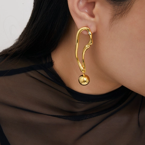 Orecchini Geometrici In Rame Con Perno In Argento Sterling 925 Ciondolo A Sfera Metallica Design Curvo Irregolare Moderno Minimalista