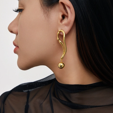 Orecchini Geometrici In Rame Con Perno In Argento Sterling 925 Ciondolo A Sfera Metallica Design Curvo Irregolare Moderno Minimalista