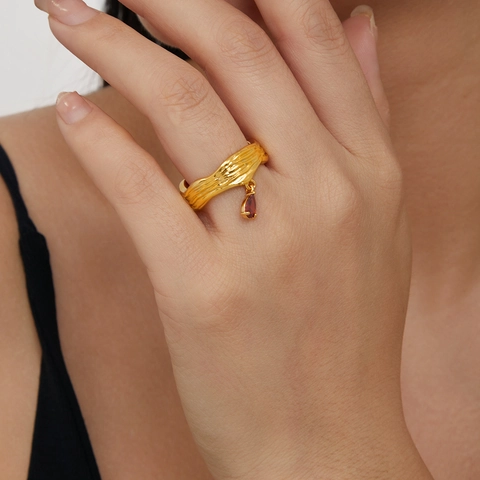 Open Ring Copper 18K Gold Plated Irregular Lava Texture Red Pear Zirconia Pendant Adjustable Vintage Elegant Women