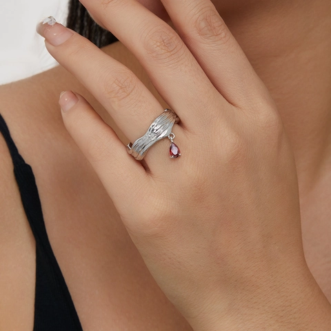 Open Ring Copper 18K Gold Plated Irregular Lava Texture Red Pear Zirconia Pendant Adjustable Vintage Elegant Women
