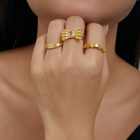 Επίχρυσο Χαλκός Δαχτυλίδι Ζιργκόν 18K Vintage Φιόγκος Κύμα Υφή Ρυθμιζόμενο Ανοιχτό Δαχτυλίδι Μόδας Γυναικεία Κοσμήματα