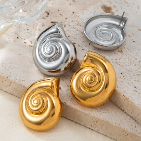 Spiral Conch Shell Stud Earrings Stainless Steel 18K Gold Plated Exaggerated Beach Style Jewelry For Women