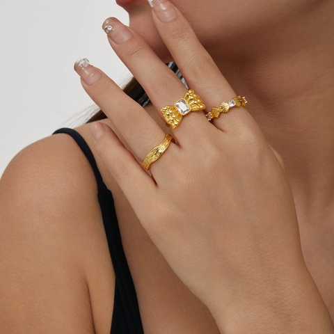Επίχρυσο Χαλκός Δαχτυλίδι Ζιργκόν 18K Vintage Φιόγκος Κύμα Υφή Ρυθμιζόμενο Ανοιχτό Δαχτυλίδι Μόδας Γυναικεία Κοσμήματα