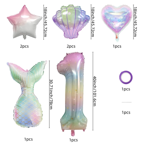 Mermaid Theme Birthday Party Balloon Set Rainbow Gradient 40 Inch Number Foil Balloons For Kids Celebration Items