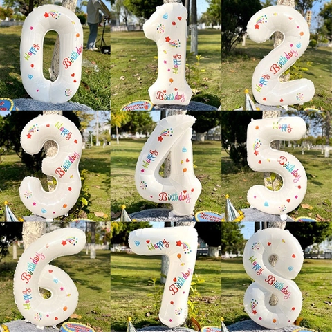 Aluminumfolie Nummer Ballon Weiß Happy Birthday Thema Buntes Muster Party Deko Geburtstag Feier Kinder Event