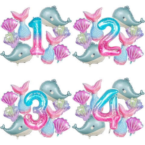 Mermaid Birthday Party Decoration Foil Balloon Gradient Number Whale Shell Mermaid Tail For Kids Birthday Ocean Theme Party