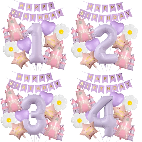Set di Palloncini in Alluminio Digitale Castello della Principessa Viola Crema Banner di Compleanno Decorazione per Festa di Bambini
