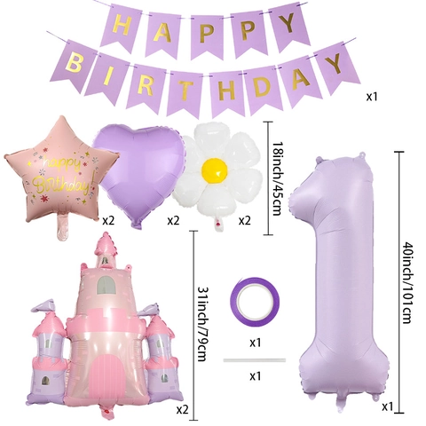 Set di Palloncini in Alluminio Digitale Castello della Principessa Viola Crema Banner di Compleanno Decorazione per Festa di Bambini