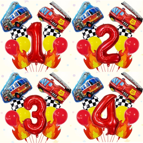Palloncino Compleanno Camion Pompieri Decorazione Festa Tema Vigili del Fuoco Numero Rosso Fiamma Scacchiera Lattice Palloncino Bimbi