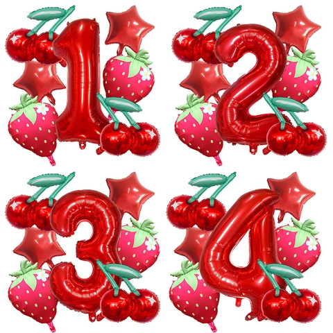 Rote Aluminiumfolie Frucht Nummer Ballon Erdbeere Kirsche Sterne Mädchen Geburtstag Party Dekoration Requisiten