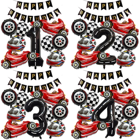Raceauto Verjaardagsfeestje Decoratie Ballonnen Geblokte Vlag Band Helm Folie Ballonnen Zwart Nummer Voor Jongens Verjaardag
