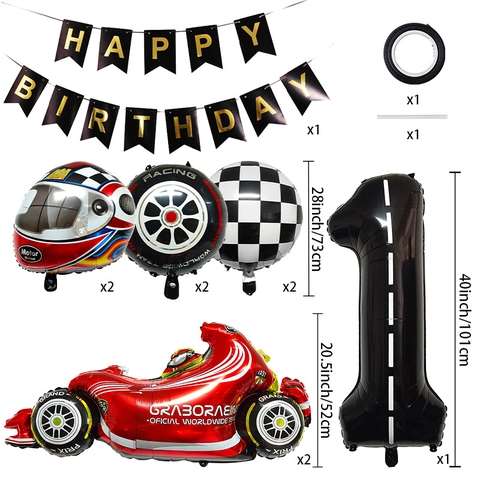 Raceauto Verjaardagsfeestje Decoratie Ballonnen Geblokte Vlag Band Helm Folie Ballonnen Zwart Nummer Voor Jongens Verjaardag