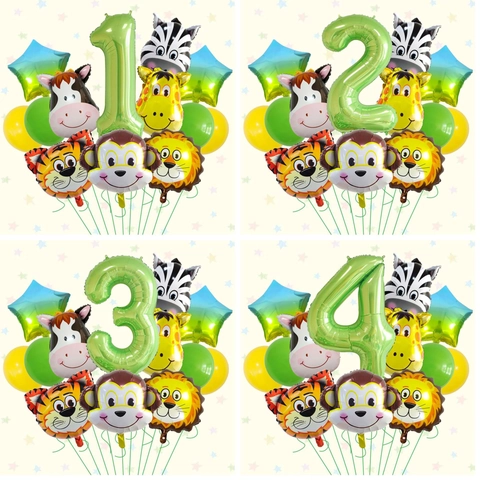 Jungle Safari Animal Foil Balloons Jungle Theme Green Number Lion Tiger Monkey Star Latex Balloons For Kids Birthday Party Decoration