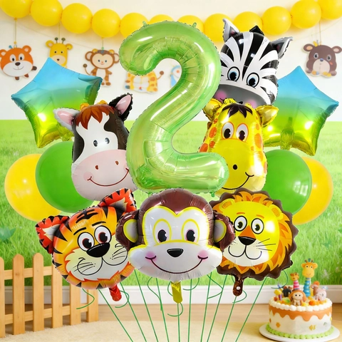 Jungle Safari Animal Foil Balloons Jungle Theme Green Number Lion Tiger Monkey Star Latex Balloons For Kids Birthday Party Decoration