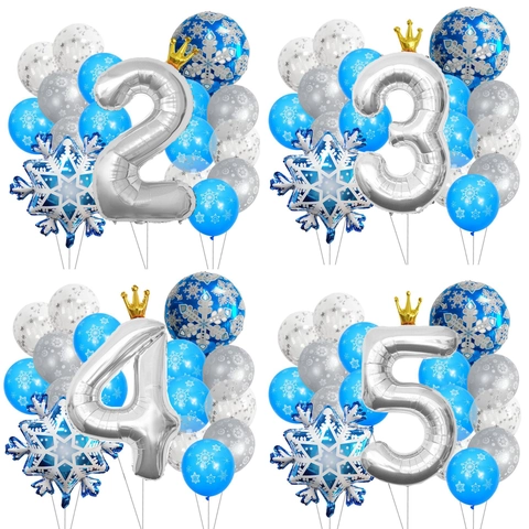 Winter Schnee Geburtstag Party Ballons Silber Nummer Aluminiumfolie Ballon Blau Schneeflocke Gold Krone Latex Ballon Dekoration