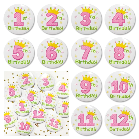 Birthday Party Badge Tinplate Pin Decorative Props For Kids Anniversary Celebration Cartoon Crown Design Round Shape Assorted Numbers