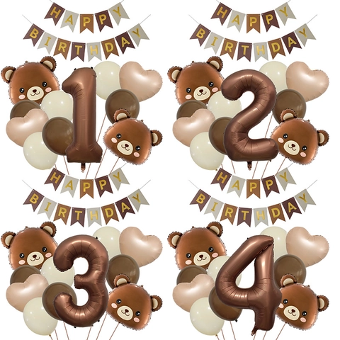 Decoración de Globos de Cumpleaños de Oso Lindo Globos de Papel de Aluminio y Látex Con Pancarta Happy Birthday Para Niños 1-9 Años