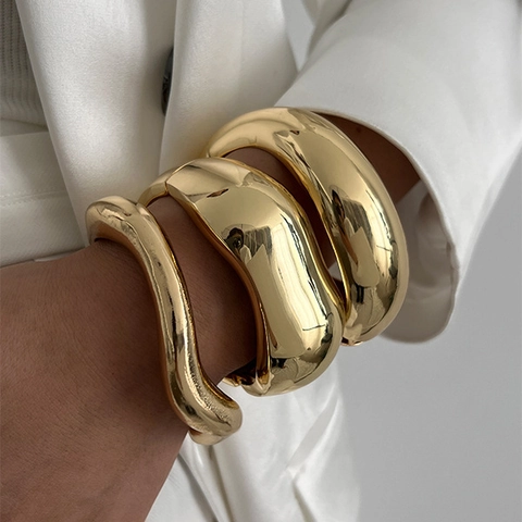 Minimalist Alloy Chunky Bangle For Women Gold Silver Plated Geometric Organic Shape Hinged Cuff Bracelet Fashion Jewelry Gift
