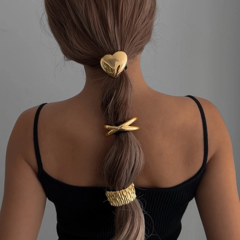 Metallic Alloy Hair Ties For Women Heart Pleated X-Shape Elastic Hair Bands High Stretch Ponytail Holder Gold Silver Accessory