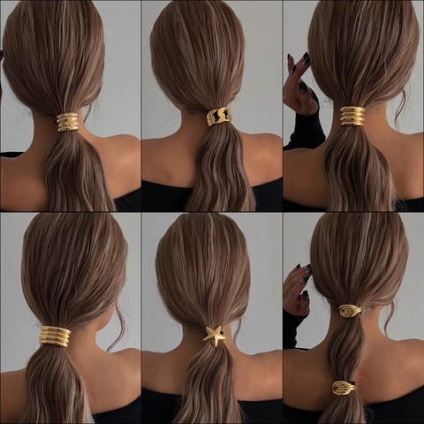 Minimalistische Legering Metalen Haarelastiek Paardenstaart Manchet Goud Zilver Verguld Geometrisch Ster Ketting Dames Haaraccessoires