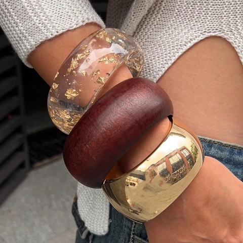 Wide Bangle Bracelets Stack With Gold Foil Resin Wood And Polished Alloy Geometric Bohemian Style For Women