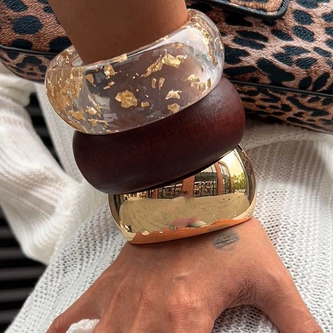 Wide Bangle Bracelets Stack With Gold Foil Resin Wood And Polished Alloy Geometric Bohemian Style For Women