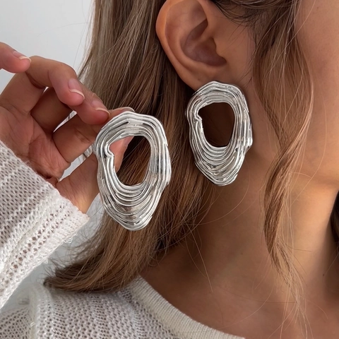 Irregular Hollow Oval Statement Earrings Alloy Crumpled Lava Texture With 925 Sterling Silver Earring Post For Women