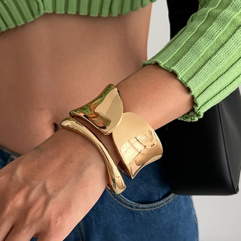 Wide Cuff Bangle Bracelet For Women Alloy Polished Exaggerated Punk Organic Irregular Concave Hinged Statement Jewelry