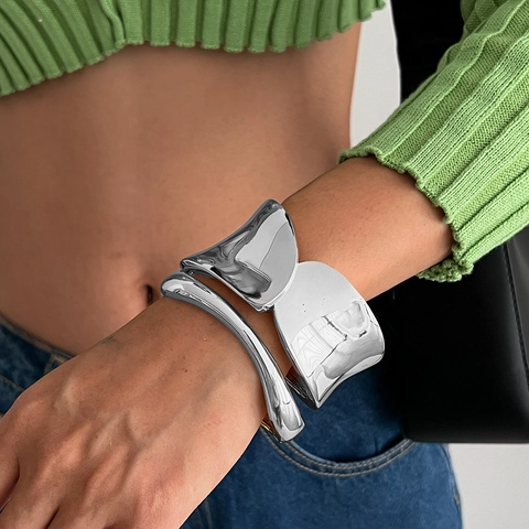 Wide Cuff Bangle Bracelet For Women Alloy Polished Exaggerated Punk Organic Irregular Concave Hinged Statement Jewelry