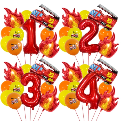 Fire Truck Theme Birthday Party Balloon Set Aluminum Foil Red Number Fire Engine Flame Latex Balloons For Kids Celebration