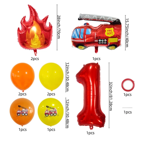 Fire Truck Theme Birthday Party Balloon Set Aluminum Foil Red Number Fire Engine Flame Latex Balloons For Kids Celebration