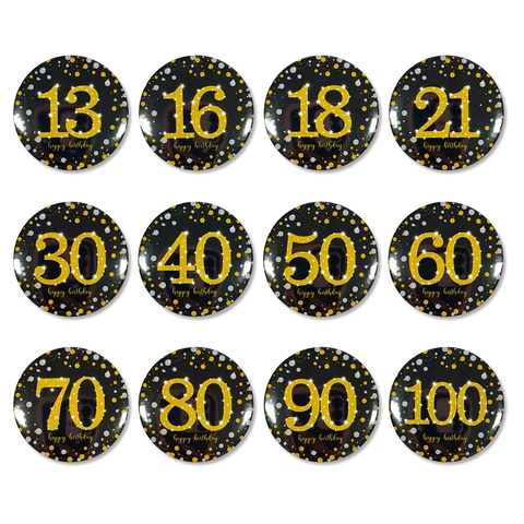 Birthday Party Badge Tinplate Button Pin Gold Glitter Milestone Ages Happy Birthday Celebration Decoration Photo Props