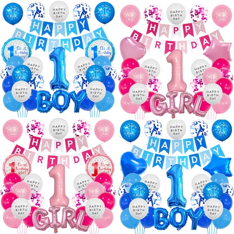 1e Verjaardag Feest Decoratie Aluminiumfolie Latex Ballonnen Happy Birthday Banner Voor Baby Shower Jongen Meisje Roze Blauw