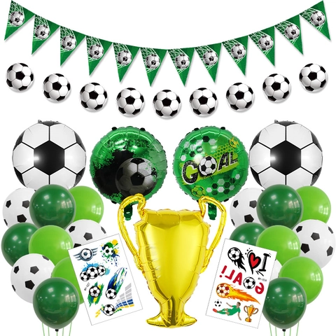 Soccer Theme Party Decoration Foil Gold Trophy Balloon Green White Black Latex Balloons Goal Banner For Boys Birthday Celebration