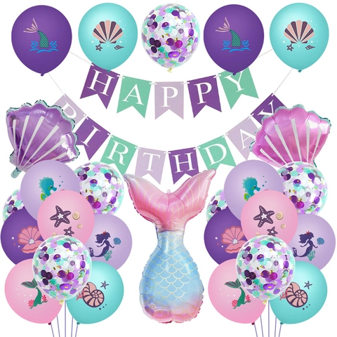 Mermaid Theme Birthday Party Decoration Kit Mermaid Tail Shell Foil Balloons Latex Confetti Balloons Happy Birthday Banner For Kids Ocean World