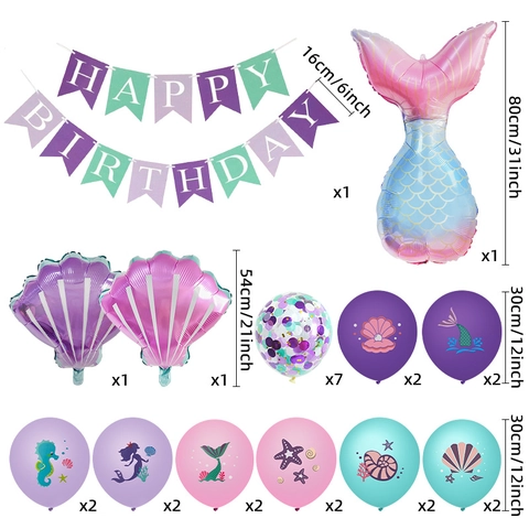 Mermaid Theme Birthday Party Decoration Kit Mermaid Tail Shell Foil Balloons Latex Confetti Balloons Happy Birthday Banner For Kids Ocean World