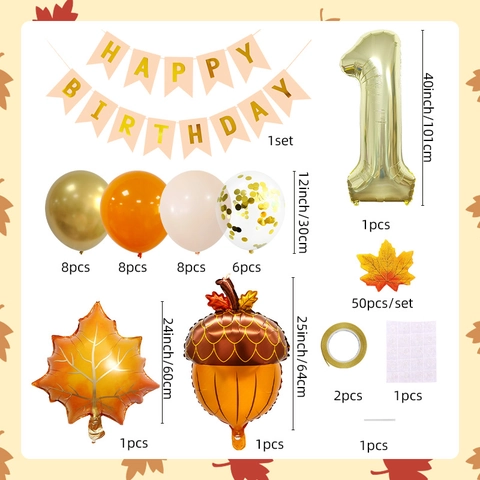 Decorazione Festa Compleanno Tema Autunno Palloncini Lattice Alluminio Foglia Acero Ghianda Banner Happy Birthday Raccolto