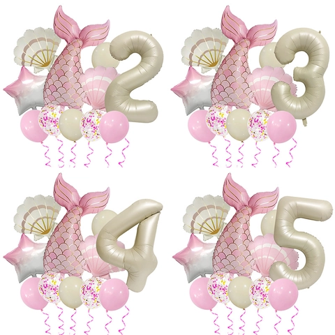 Decorazioni Palloncini Coda Di Sirena Conchiglia Stella Forma Numerica Lattice Alluminio Per Festa Compleanno Ragazza Rosa Opaco Vintage