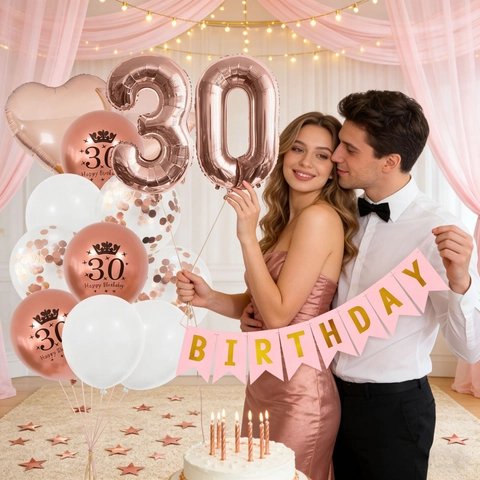 Decorazioni per Feste di 16 18 30 Compleanno Oro Rosa Blu Viola Oro Palloncini in Lattice e Film di Alluminio Striscione Happy Birthday Topper per Torta Accessori