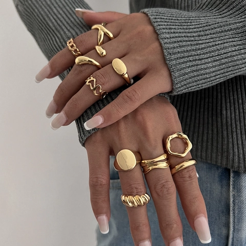 Geometric Irregular Alloy Rings Hollow Heart Twisted Chain Adjustable Open Finger Jewelry Hip Hop Punk Style Women