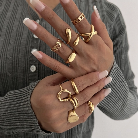 Geometric Irregular Alloy Rings Hollow Heart Twisted Chain Adjustable Open Finger Jewelry Hip Hop Punk Style Women
