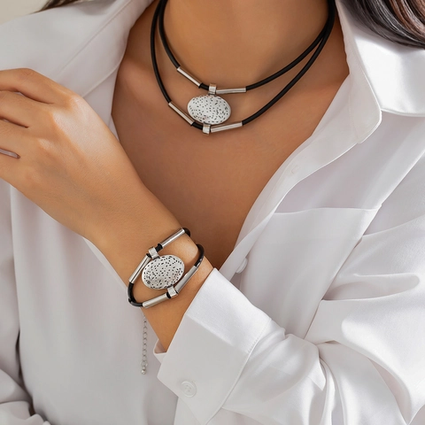 Vintage Bohemian Double Layer Necklace And Bracelet Black Rope Metal Curved Tube Heart Coin Pendant Jewelry For Women
