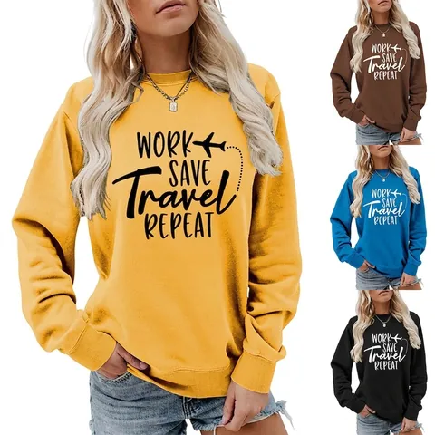 Women's Casual Cotton Sweatshirt Crew Neck Long Sleeve Work Save Travel Repeat Printed Loose Pullover Top Female Clothing
