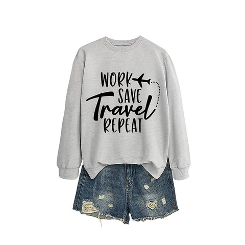Women's Casual Cotton Sweatshirt Crew Neck Long Sleeve Work Save Travel Repeat Printed Loose Pullover Top Female Clothing